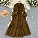 Vintage Fashion Casual Long-Sleeved Shirt Dress Women Loose Tidive With Long Skirt 0515
