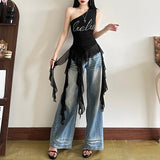 2025 Summer Fashion Trend Women's New Slant Shoulder Repair Letter Drill Irregular Vest Woman