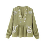 2025 Spring V-Neck Lantern Sleeves National Style Embroidery Shirt Trend Sleeves