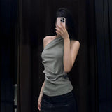 Summer New Ribs Asymmetrical Neck Cover Stomach Sleeveless Vest Topess