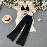 Straight-Barose High-Rise Thin-Legged Trousers With Hanging Neck Short Top Two Spice Girl Sets
