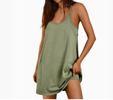 2025 Summer Solid Sleeveless Dress Fine Shoulder Strap Vest Skirt Sports Skirt Pocket