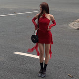 2025 Autumn And Winter New Women's Flowers Hanging Neck Sexy Bare Back Small Vest Temperament Mesh Bag Hip Skirt Suit Woman