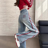 Embroidered Broad-Legged Jeans Women's Spring And Autumn 2025 Hit High-Waisted Loose Design Sense Spliced Straight Straight Trousers