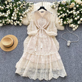 French High-End Elegant Dress Female Senior Sense Strap To The Waist Lantern Sleeve Embroidered Mesh A Word Over Knee Dress