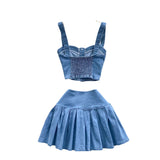 Chic Port Style Retro Hottie Set Short Sling Vest With Mini Half-Dress Denim Two-Piece Tide