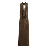 2025 Summer New Women's Sexy Back Repair Metal Foil Hanging Neck Dress