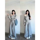 Fashion Korean Design Feels The Shoulder Shawl Wide Leg Trousers Two Sets Of Sports Style Wear Fashion Age Reduction Set