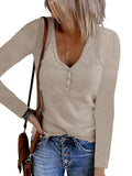 2025Wish Autumn New Women's Button Vest Solid Color V-Neck Long-Sleeved T-Shirt Top