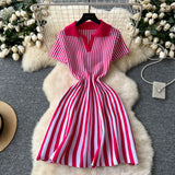 French-Style Retro-Necked Short-Sleeved Striped Knitted Dress Female Waist Temperament Thin A-Word Dress