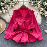 Light Luxury Thousand Gold Wind High-End Suit Collar Shirt Women Autumn Lotus Side Ribbon Belt Design Fried Street Jacket Jacket