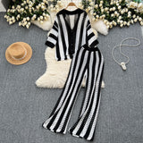 Women's Summer V-Neck Loose Knitted Cardigan Top + Broad Leg Trousers Set With Striped Hollow Set