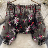 One-Word Shoulder Mesh Embroidery Perspective Shirt For Women's Summer Loose Bubble Sleeve Short Hoodie Long-Sleeved Lace Shirt