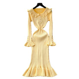 French Retro Doll Collar Horn Sleeve Dress Women Autumn Waist Thin Temperament Knitted Dress