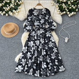 French Retro Fashion Print Dress Women Loose Strap To The Waist Thin A Word Big Pendulum Long Skirt