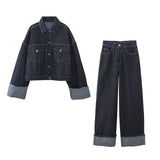 2025 Women's Autumn New Collar Denim Jacket Jacket + Curly-Side Trousers Suit