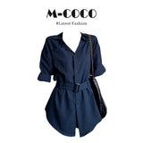 Korean Cool Tung Sister Wearing A Blue Waist Sunscreen Long-Sleeved Shirt Micro-Tpeak Trousers Set
