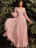 Evening Dress New Long-Sleeved Chiffon Sexy Temperament Deep V Side Button Bridesmaid Dress
