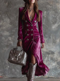 Winter Dress 2025 New Women's Suit And Collar Temperament British Style Double Buckle Body Gold Velvet Dress