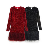 Women's Clothing Spring 2025 New Glit Decorative Feathers Spliced Long-Sleeved Mini Dress