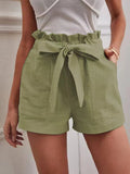 New 2025 Summer Women's Loose Flax Leisure Shorts Pocket Solid Colored High-Rise Broad Legs