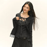 2025 New Women's Design Temperament Lace Splicing Elastic Knitting Shirt Fashion Two Sets