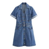 Shirt-Style Denim Skirt 2025 Spring And Summer Roll Sleeves V-Neck Single Buckle High Waist Repair A-Word Mini Dress Woman