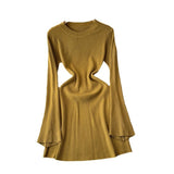 Autumn New Pure-Bround Hottie Body Long-Sleeved Knitted Dress Women Simple Round Collar Temperament Short Skirt