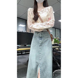 Light Blue Front Open Fork A Word Cowboy Half-Dress Woman Autumn High Waist Thin Design Sense Of Long Skirt