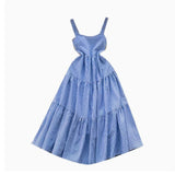 Summer French Retro Folding Sling Dress Female High Waist Show Leaning Vacation Dress 0285