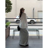 Lazy Wind A Set Of Letter-Print White Long-Sleeved T-Shirt Micro-Permeable Gray Light European Skirt