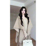 Royal Sister Temperament Knitting Set Autumn V Collar With Long-Sleeved Dress Shawl Two Sets Of Women