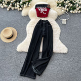 Wearing A Female Summer Dress Sexy Hottie Letter Embroidered Sleeveless Chest Vest High-Waisted Denim Casual Broad Leggings