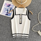 Minimalist Style Striped Knitted Sleeveless Vest Women's Summer Collar Slimming Design Chic Beautiful Little Man Top