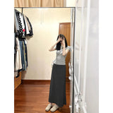 Simple Casual Gray Shoulder Short Sleeve Two Sets Of Summer New High-End Long Skirt Temperament Wear