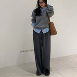 Korean Wearing A Fake Two Sweaters Women's Autumn And Winter Design Shirt Folded Gray Knitted Shirt