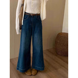 Hong Kong Wind Dark Blue High-Waisted Horn Nine-Point Jeans Women 2025 Autumn Small Loose Thin Broad Leg Pants
