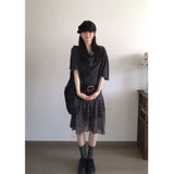 French Collar Five-Sleeved T-Shirt Top Women Irregular Check-In Half Dress Korean Two-Piece