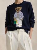 Round-Neck New Women's Bear Embroidered Retro Body Sweater College Style Knitted Shirt Top