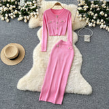 Small Fragrant High-Sense Metal Buckle Repair Short Long-Sleeved Knitting Top Female High-Waisted Hip Skirt Two