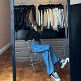 Hong Kong Style Retro Blue A Word Big Horn Jeans Women Autumn And Winter High-Waisted Loose Lazy Feet Long Pants