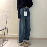 Dark Blue Plus Velvet Jeans Children New Spring And Autumn High-Rise Thin Small Narrow Version Of Straight Broad Leg Pants Winter