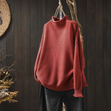 Red Literary And Art Retro Semi-High-Collar Sweater Women Loose Large Plate Type 2025 Autumn And Winter Casual Knitted Bottom Shirt
