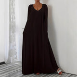 Summer New Long Dress Casual Loose Short Sleeve Pure Color V Collar Body Size Dress