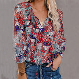 Women's Clothing 2025 Autumn And Winter New Broken Flower Printed Shirt V Collar Long-Sleeved T-Shirt Top Women