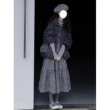 Artistic Retro Gray Flower Tart Half Skirt Girl Autumn And Winter Small Man High-Waisted A Word Umbrella Skirt Medium Long Skirt