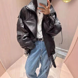 Lamb Bubble Leather Locomotive Jacket Loose PU Leather Coat Oversize New High-End Simple Autumn Coat