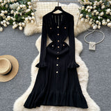 Small Scented Dress Women's Autumn And Winter Set High-End Feeling V-Neck Metal Buckle Slimming Lotus Leaf Side Knitting Skirt