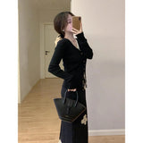 Black Retro Design Splicing Wave Point Bag Hip Half-Dress Girl 2025 Spring Slimming Temperament Long Skirt