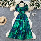 French Famous Breeze Mashed Flowers Bubble Sleeves With Dress Women Summer Waist Repair Royal Sister Temperament Beautiful Long Dress